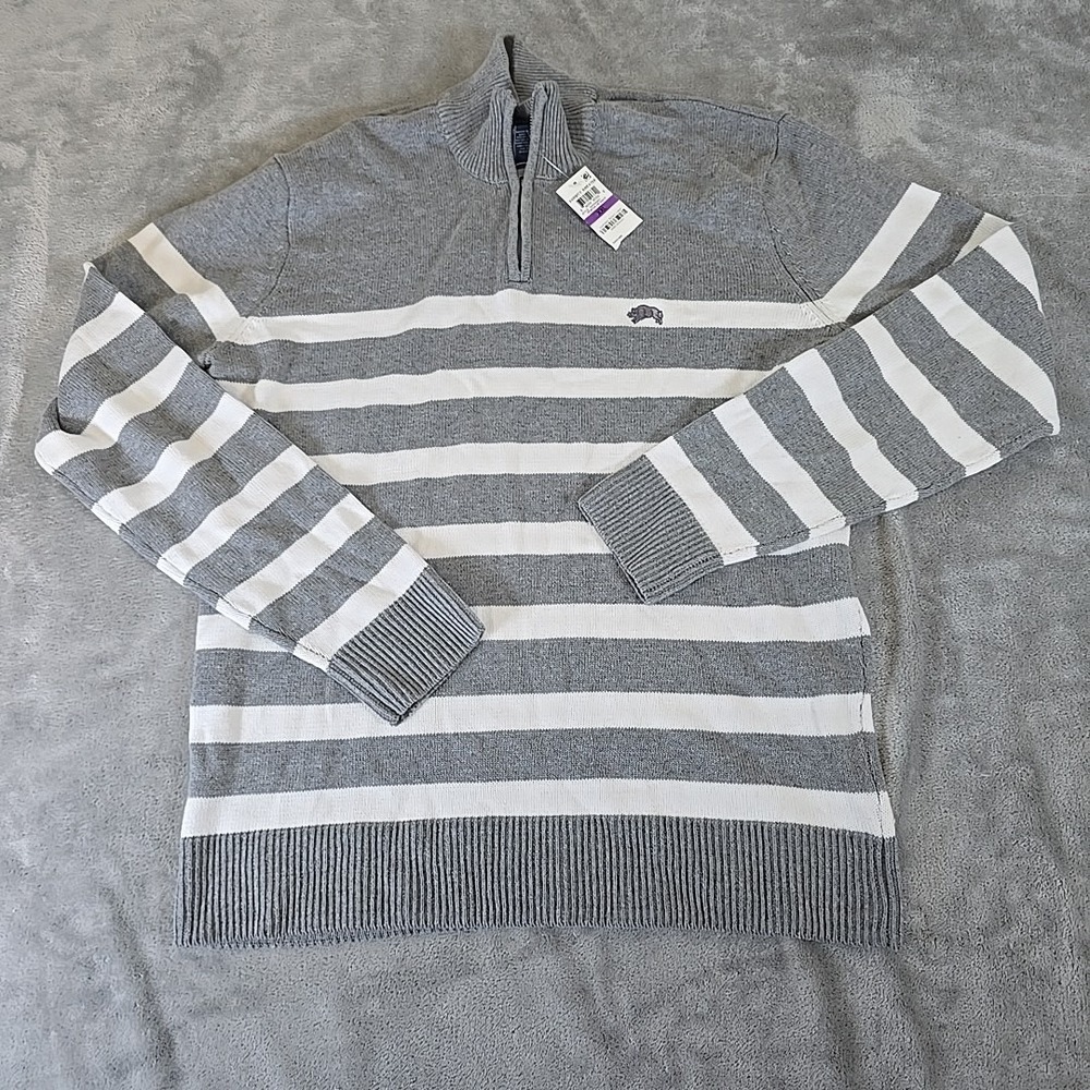 American Rag Sweater Mens XXL Gray Striped 1/4 Zip Pullover Casual Preppy